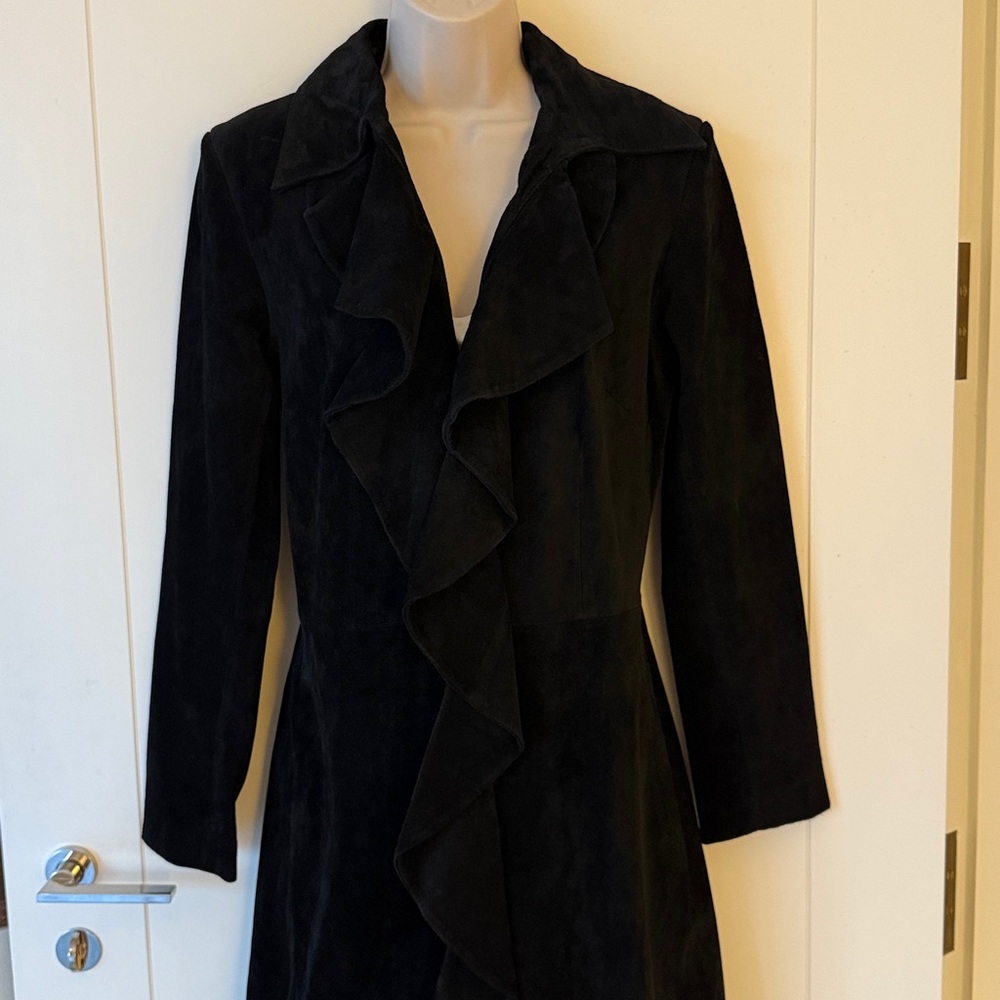 Vintage Margaret Godfrey Black Suede Ruffle Front Coat 6 - Picture 2 of 11